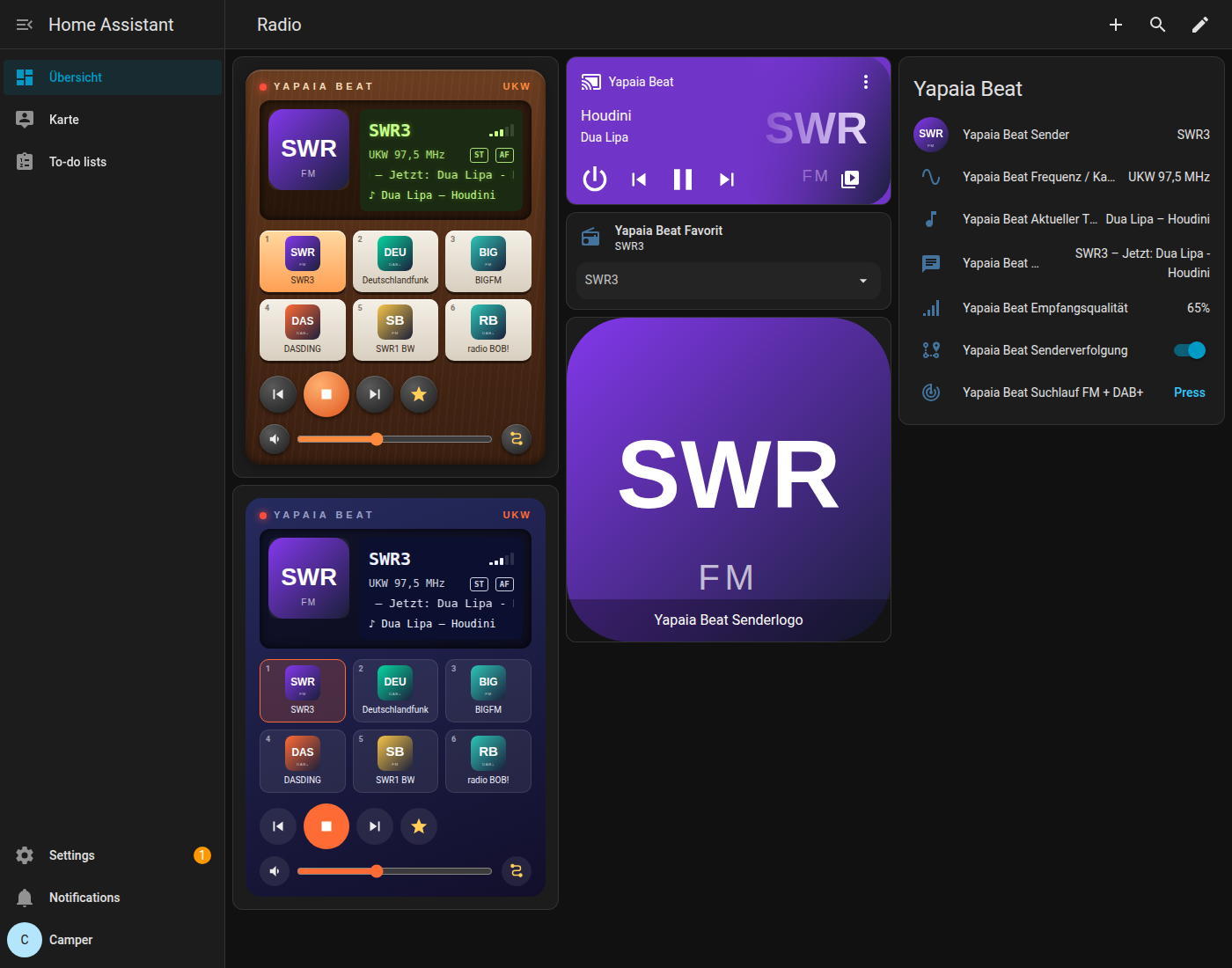 Yapaia Beat im Home-Assistant-Dashboard mit Retro- und Modern-Radiokarte